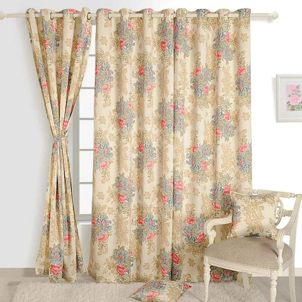 Swayam Floral Beige Sigma Eyelet Window Curtain