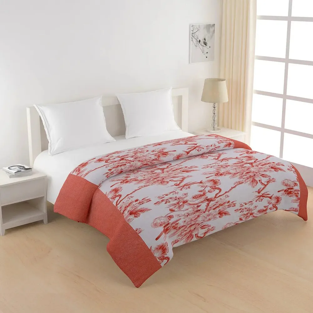 Swayam Floral Design 120 GSM Pure Cotton Double Size AC Comforter , Orange and White