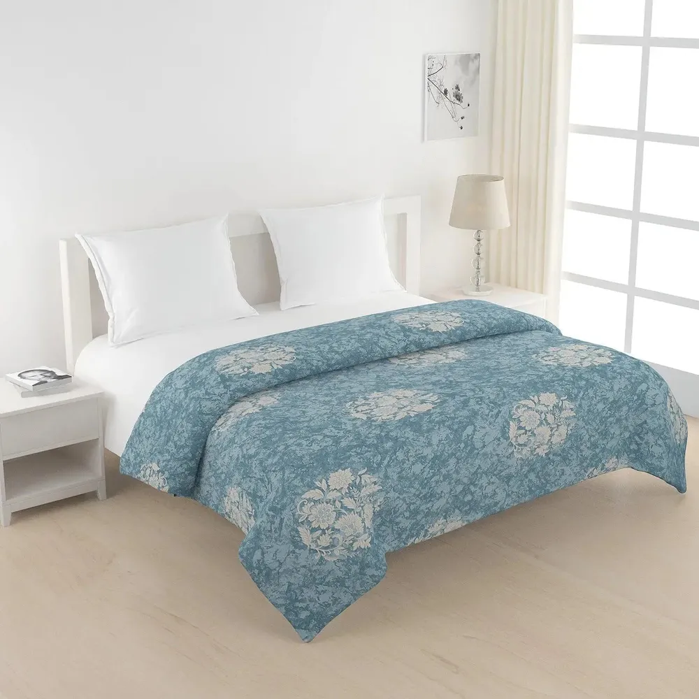 Swayam Floral Design 150 GSM Pure Cotton Double Size AC Comforter , Teal and Off white
