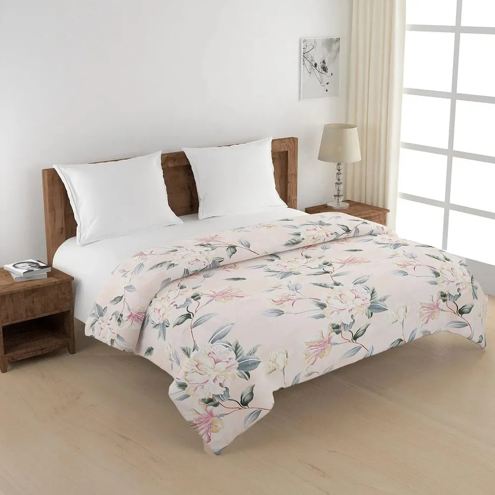 Swayam Floral Design 350 GSM Blended Cotton Double Winter Quilt , Peach and Green