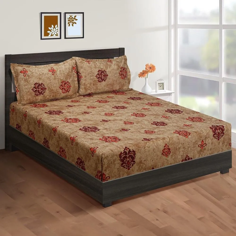 Swayam Merlot Color Print Zinnia Fitted Double Bedsheet