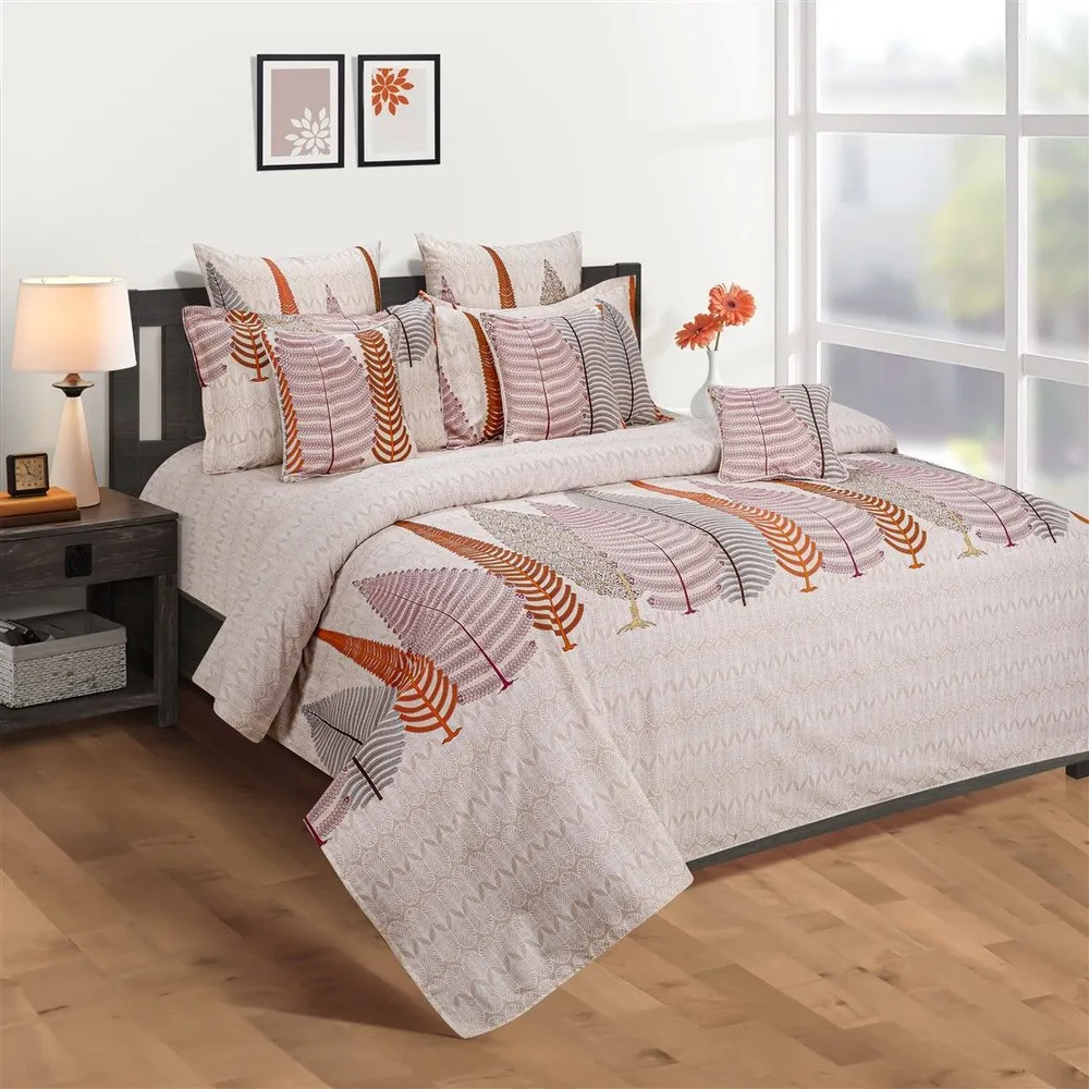 Swayam Orange Fern Print Veda Double Bed Sheet with 2 pillow covers Double Bedsheet