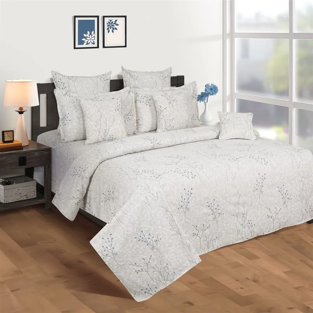 Swayam Pastel Vogue Grey & White Floral Print Fitted Double Bed Bedsheet