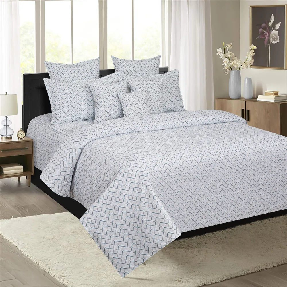 Swayam PastelVogue Grey & White Geometric Print Fitted Double Bed Bedsheet
