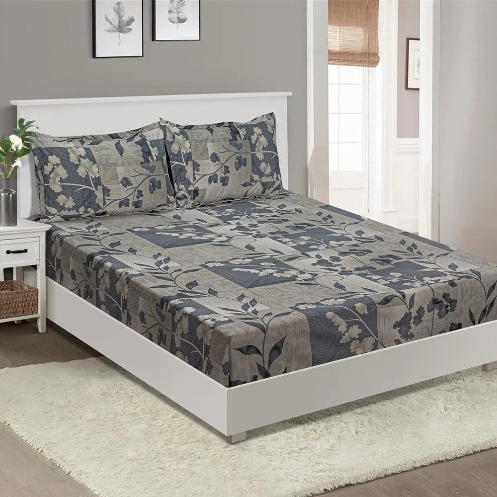 Swayam Petiole Grey Print Veda Fitted Bed Sheet with 2 pillow covers