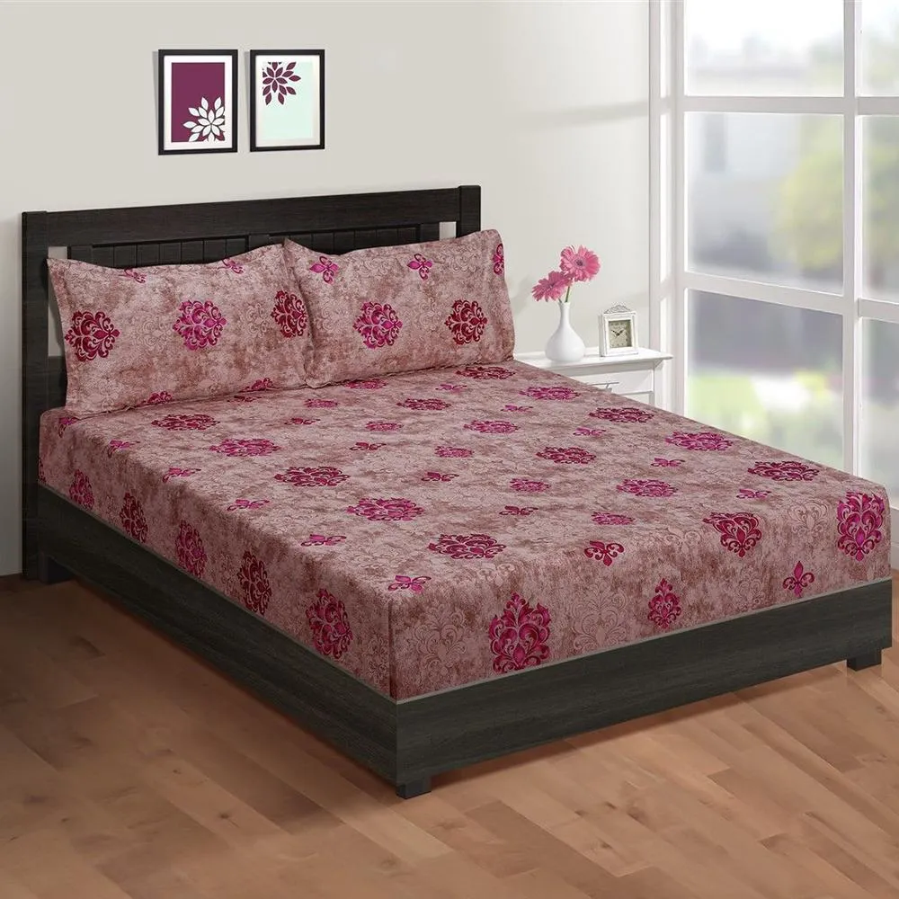 Swayam Pink Block Printed Zinnia Fitted Double Bedsheet