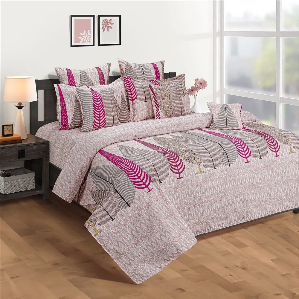 Swayam Pink Fern Print Veda Double Bedsheet with 2 pillow covers