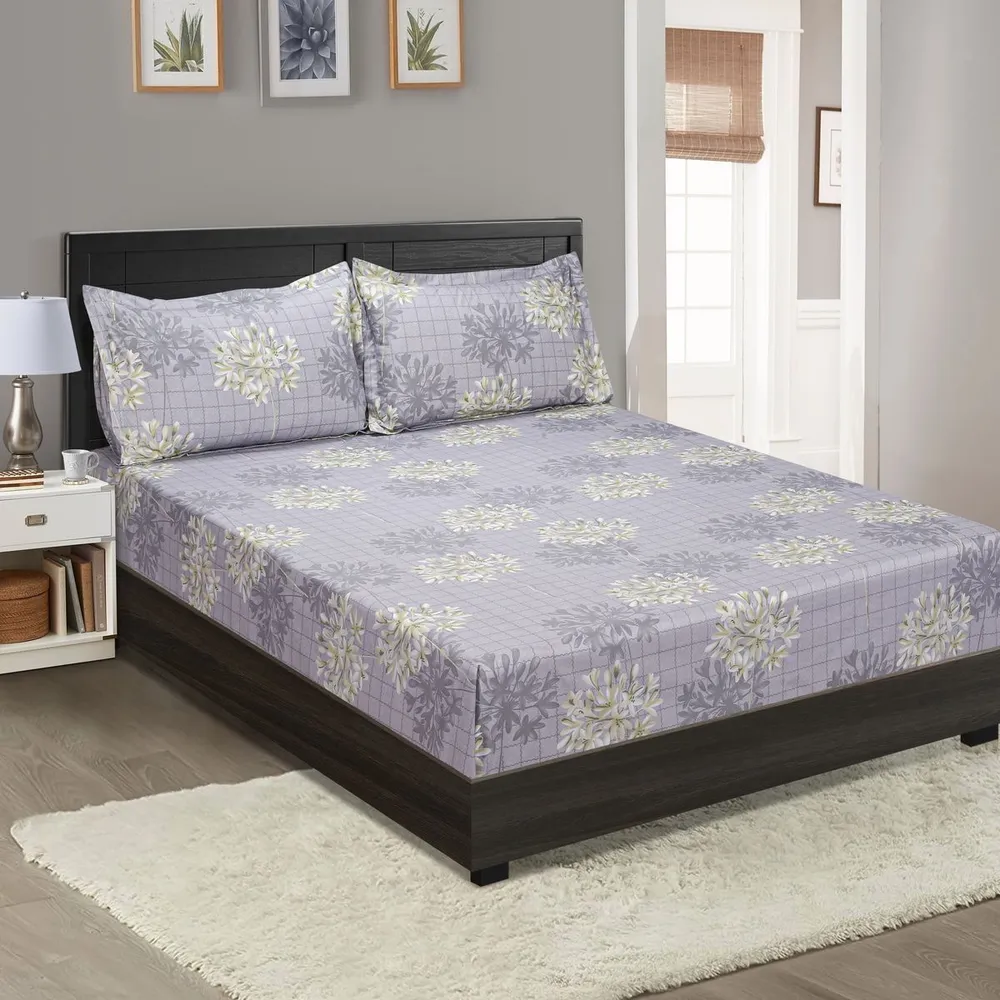 Swayam Rain White lily shadow printed Veda Extra Large Double Bedsheet with 2 pillow covers