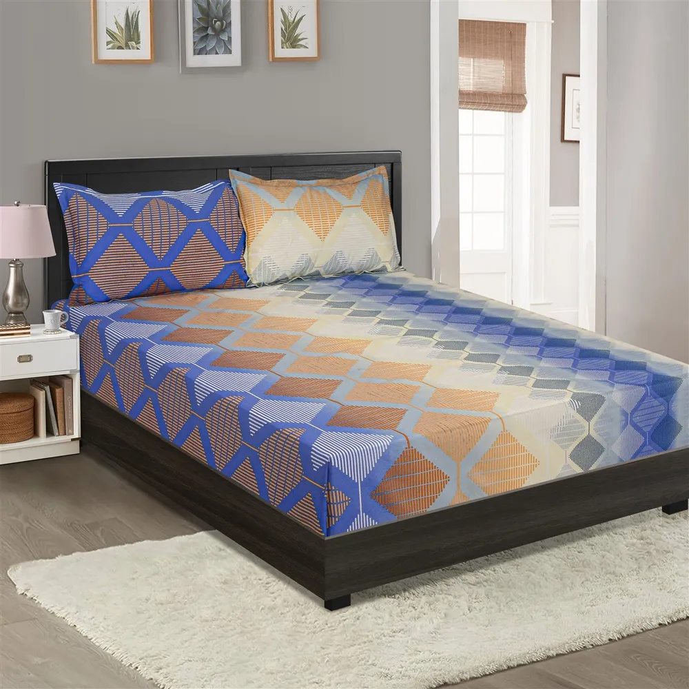 Swayam Sparkle Blue Geometric Fitted Double Bedsheet