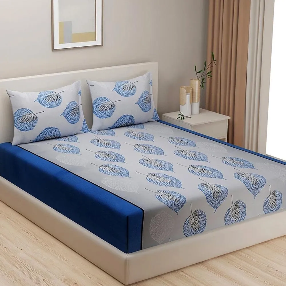 Swayam Sparkle Middle Blue Floral Pure Cotton Fitted Double Bedsheet