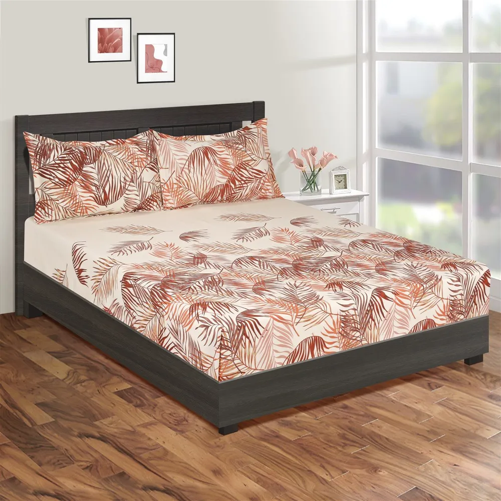 Swayam Sparkle Orange Floral Fitted Double Bedsheet