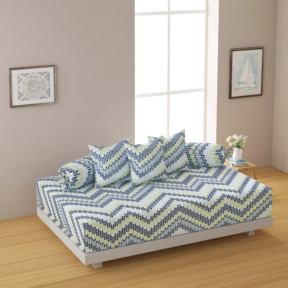 Swayam Veda 100% Pure Cotton Blue& Yellow Aztec Patterned Diwan Set, Pack of 6