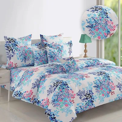 Swayam Veda Floral White &amp; Blue Double Bedsheet