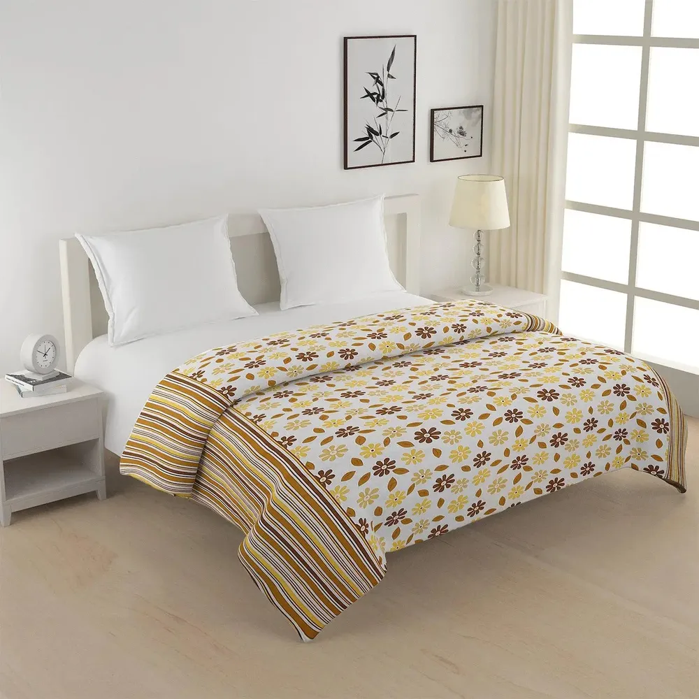 Swayam Yellow &amp; Brown Floral Designer Double Bed Winter Quilt