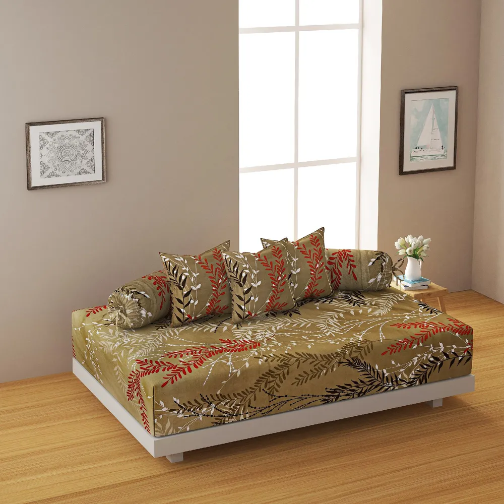 Swayam Zinnia 100% Pure Cotton Brown&Red Leaf Print Diwan Set, Pack of 6