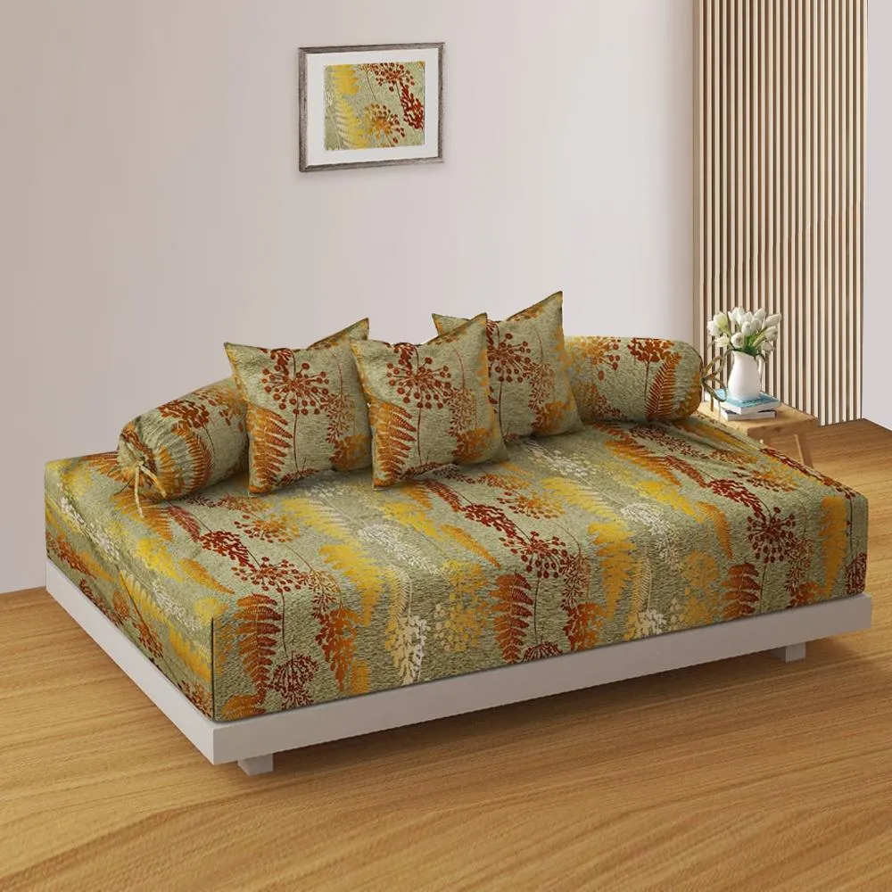 Swayam Zinnia 100% Pure  Cotton Mustard Assymetrical Leaf Print Diwan Set, Pack Of 6