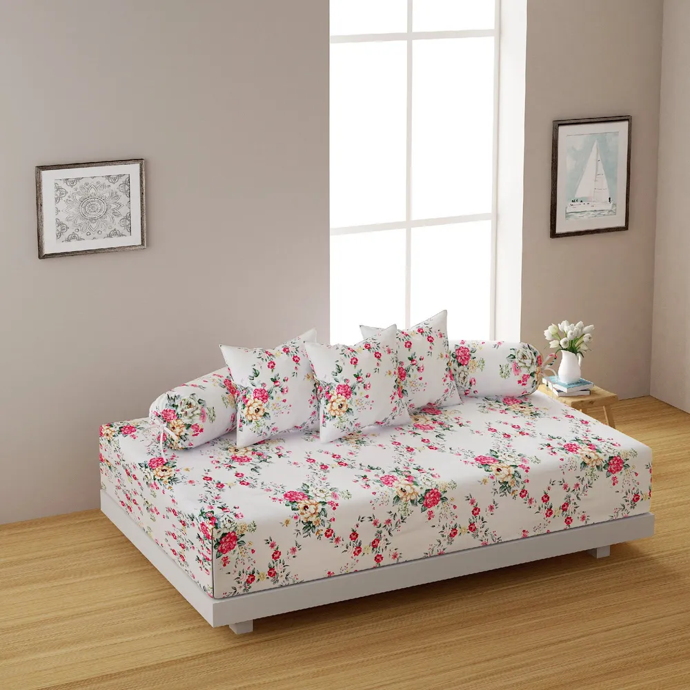 Swayam Zinnia 100% Pure Cotton Pink& White Floral Print Diwan Set, Pack of 6