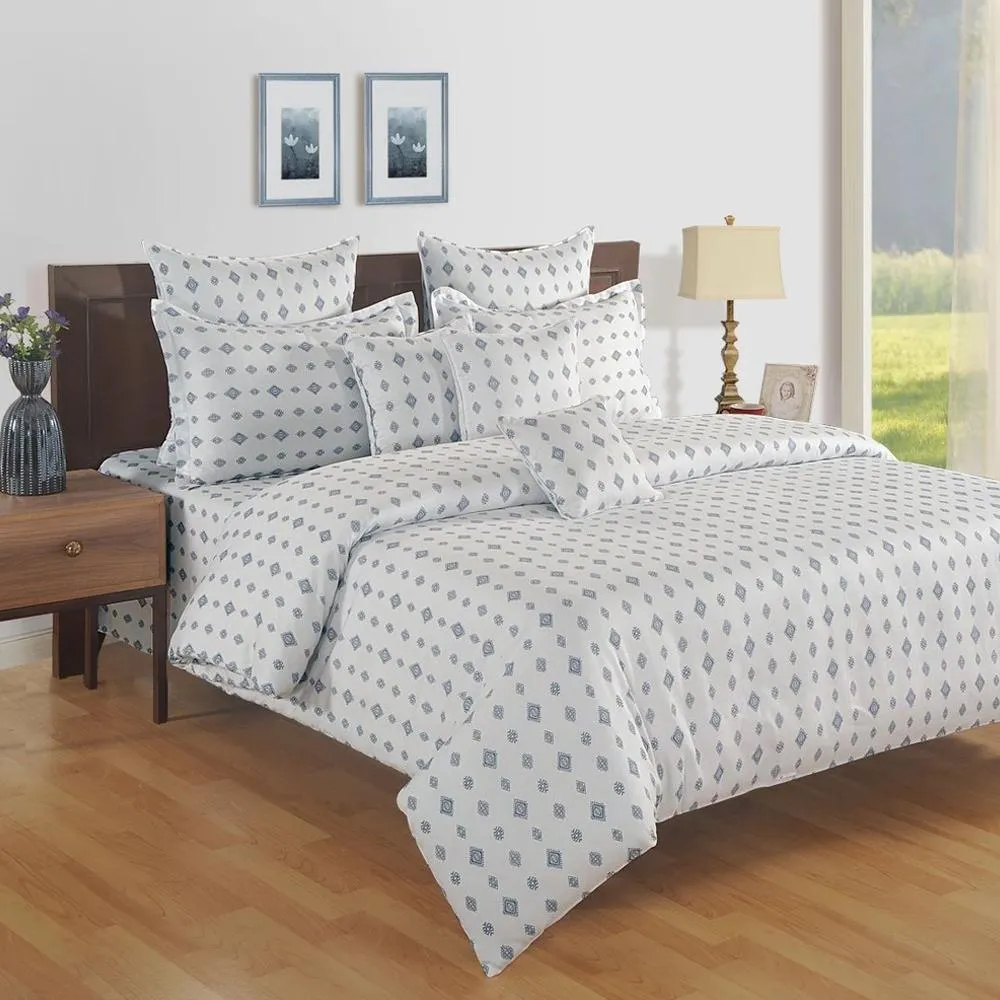 Swayam Zinnia Blue Motifs Cotton Double Bedsheet