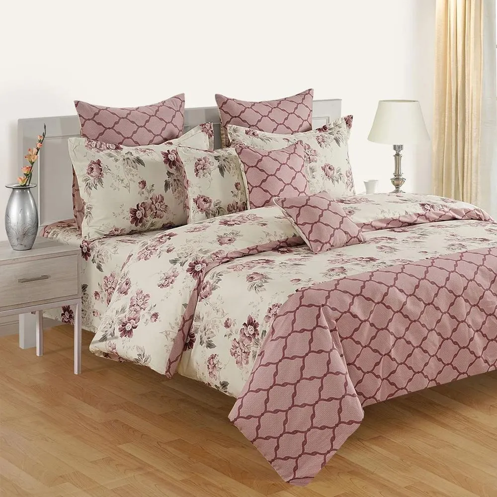 Swayam Zinnia Pink &amp; off White Floral Cotton Double Bedsheet