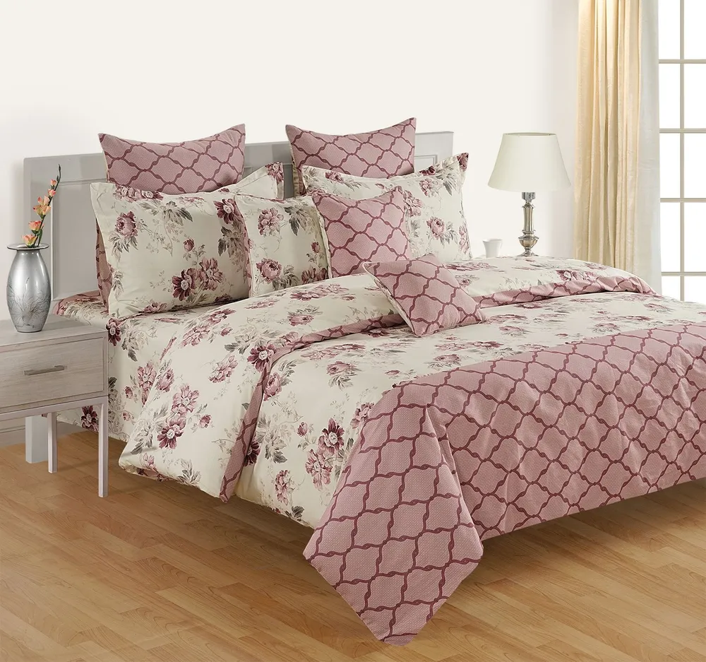 Swayam Zinnia Pink Floral Cotton Fitted Doube Bedsheet