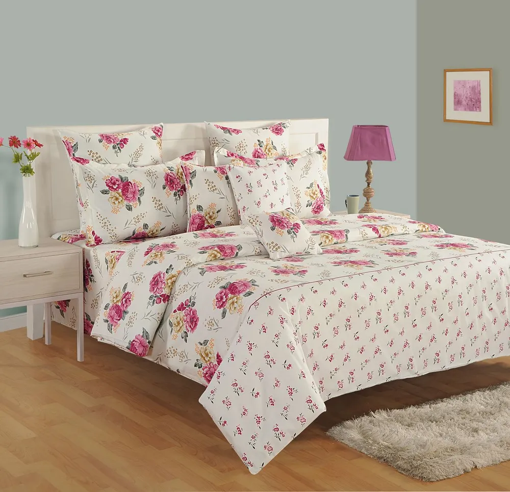 Swayam Zinnia Purple Floral Cotton Fitted Double Bedsheet