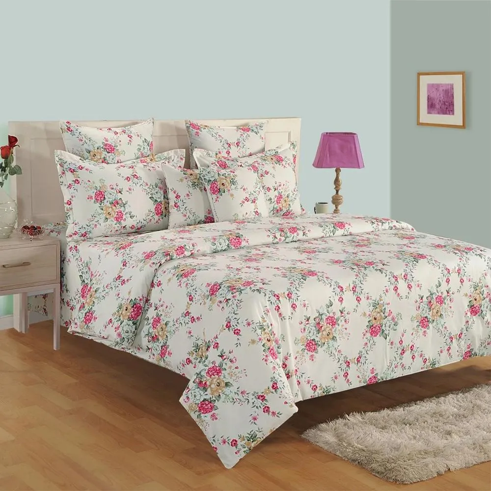 Swayam Zinnia White &amp; Pink Floral Printed Double Bed Set of 4