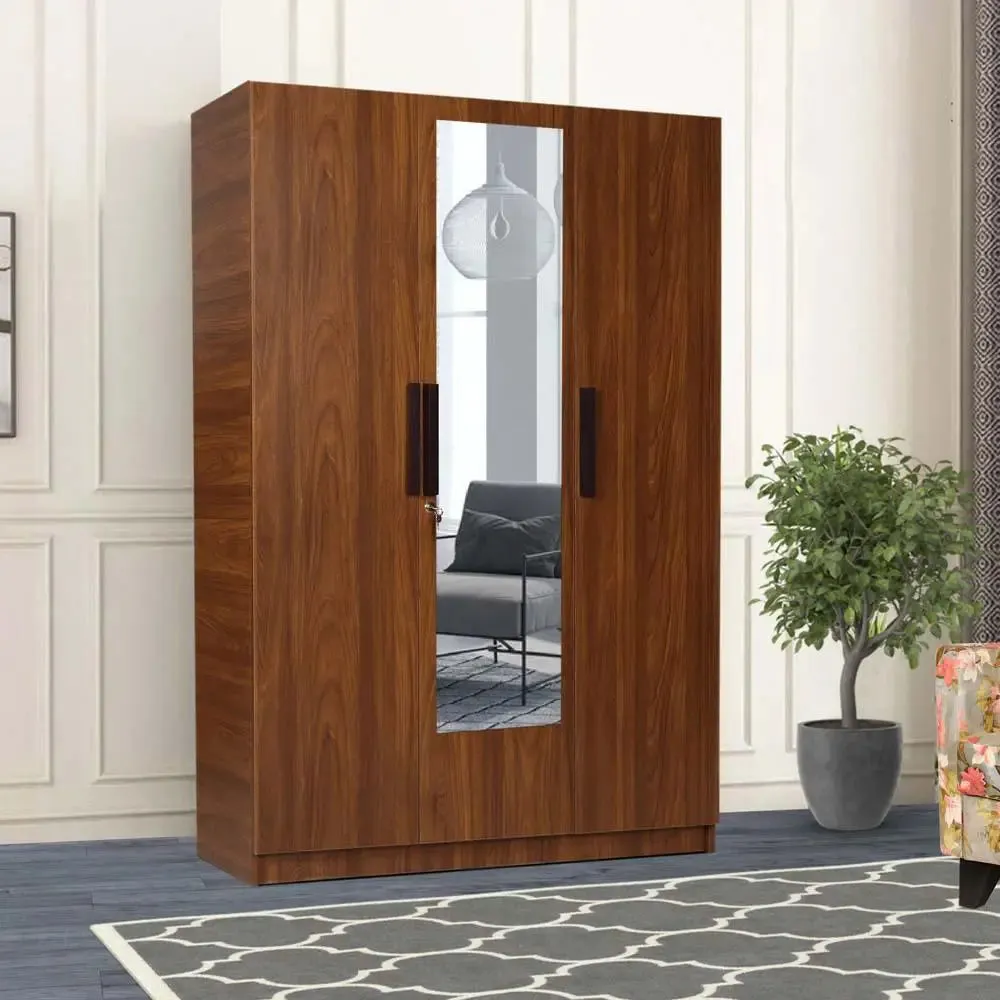 Teak Engineered Wood 3 Door Mirror Wardrobe