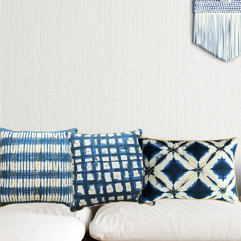 Tie & Dye Blue & White Ekkat Print Cushion Cover Set Of 3
