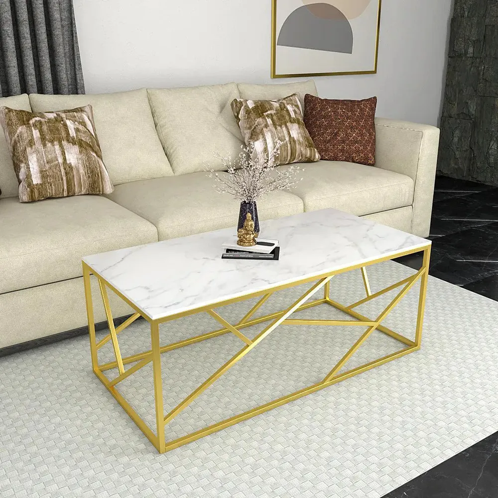 Timeless Centre Table With Criss-cross Gold Metal Accents & White Marble