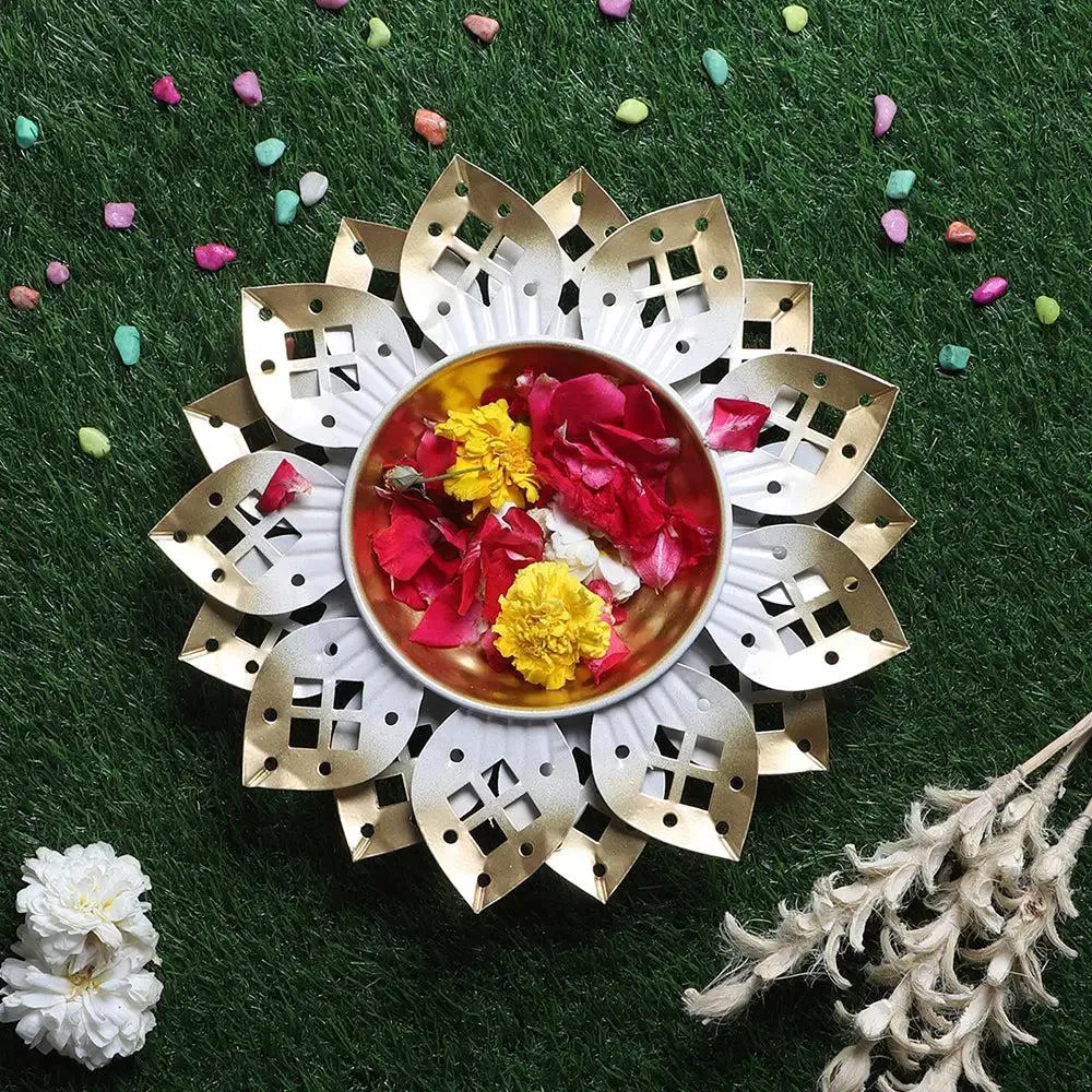 Timeless Gold & White Flower Cut Urli for Home