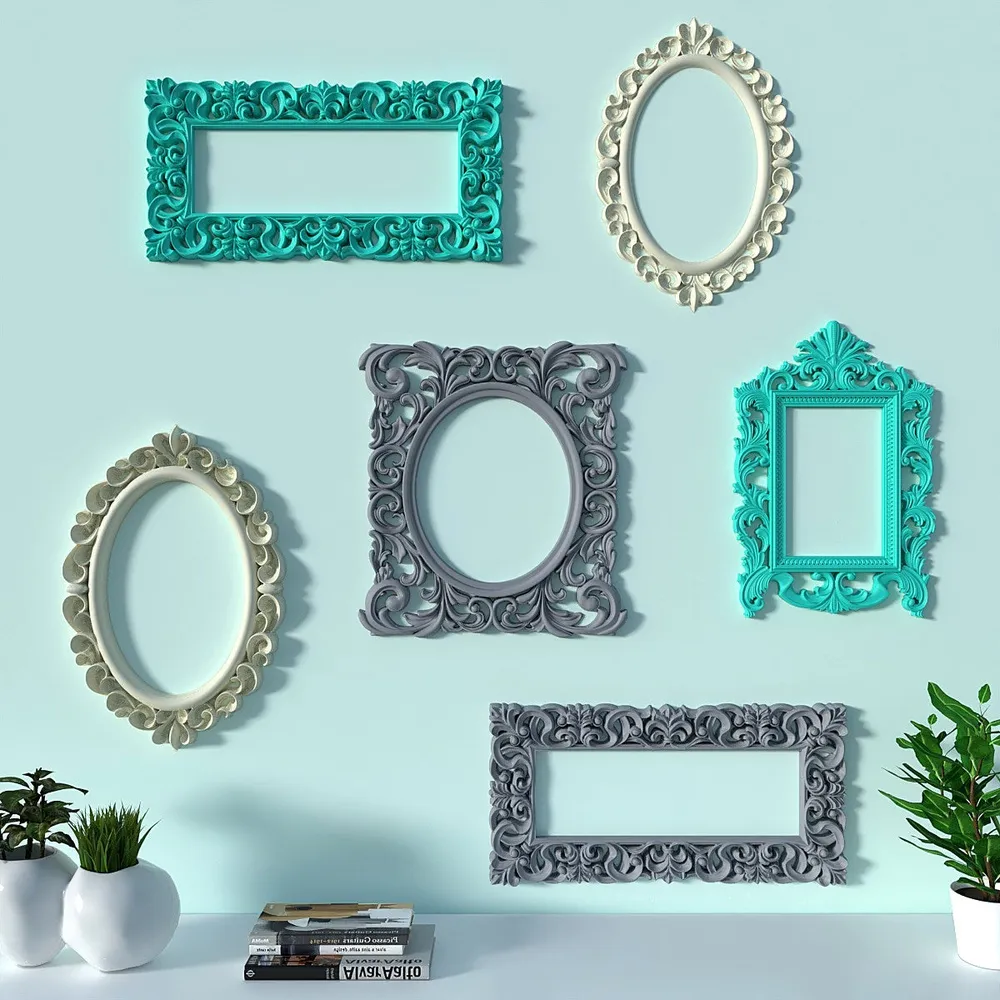 Timeless Venetian Decorative Wall Frames In Teal, Grey & Yellow - Set of 6
