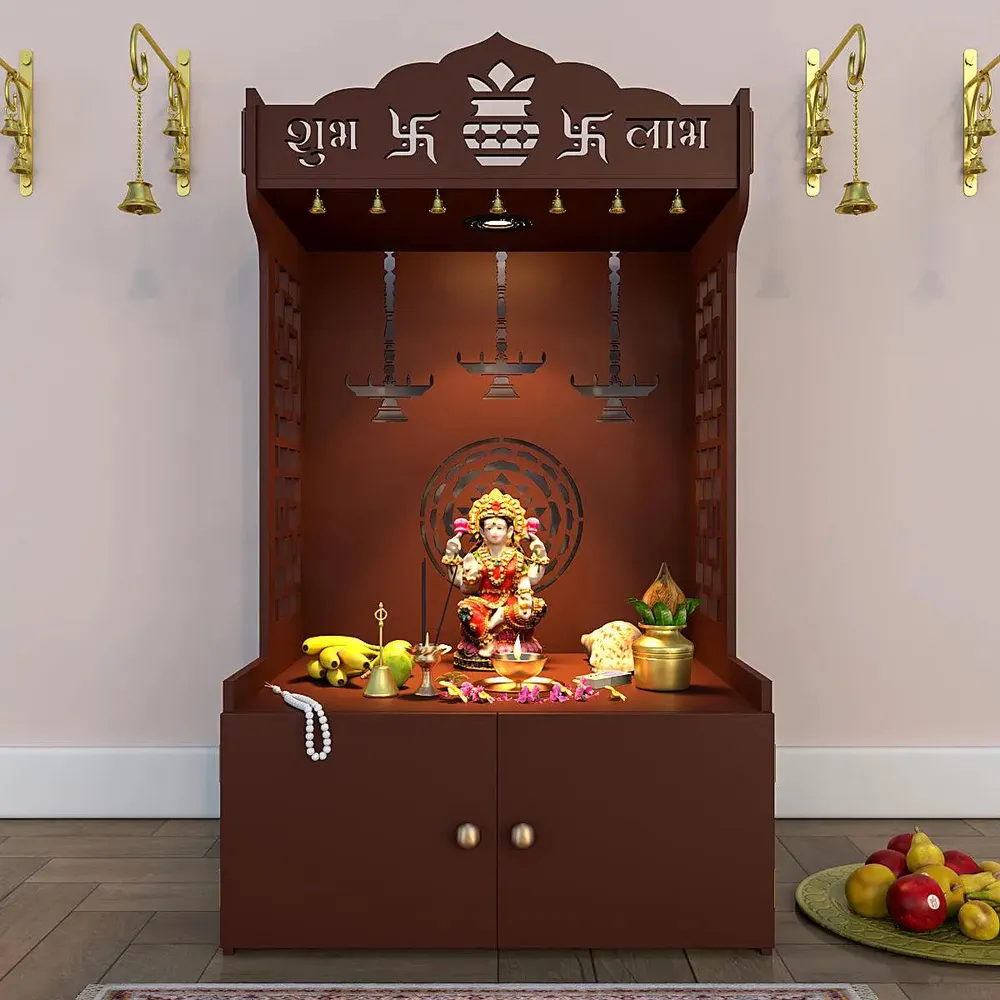 Timeless Wooden Mandir for Home with Spacious Shelf &amp; Inbuilt Focus Light- Brown