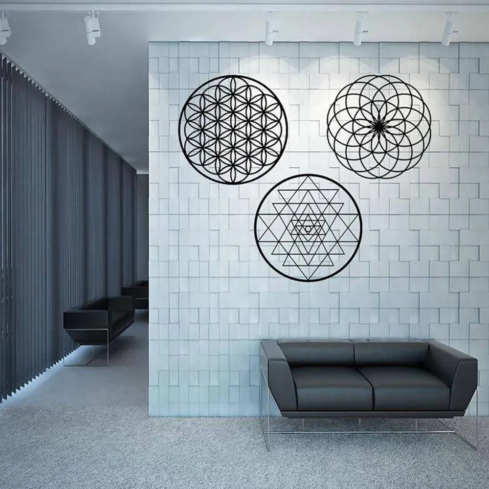 Torus, Sri Yantra, Flower of Life metal Wall Art Set Of 3