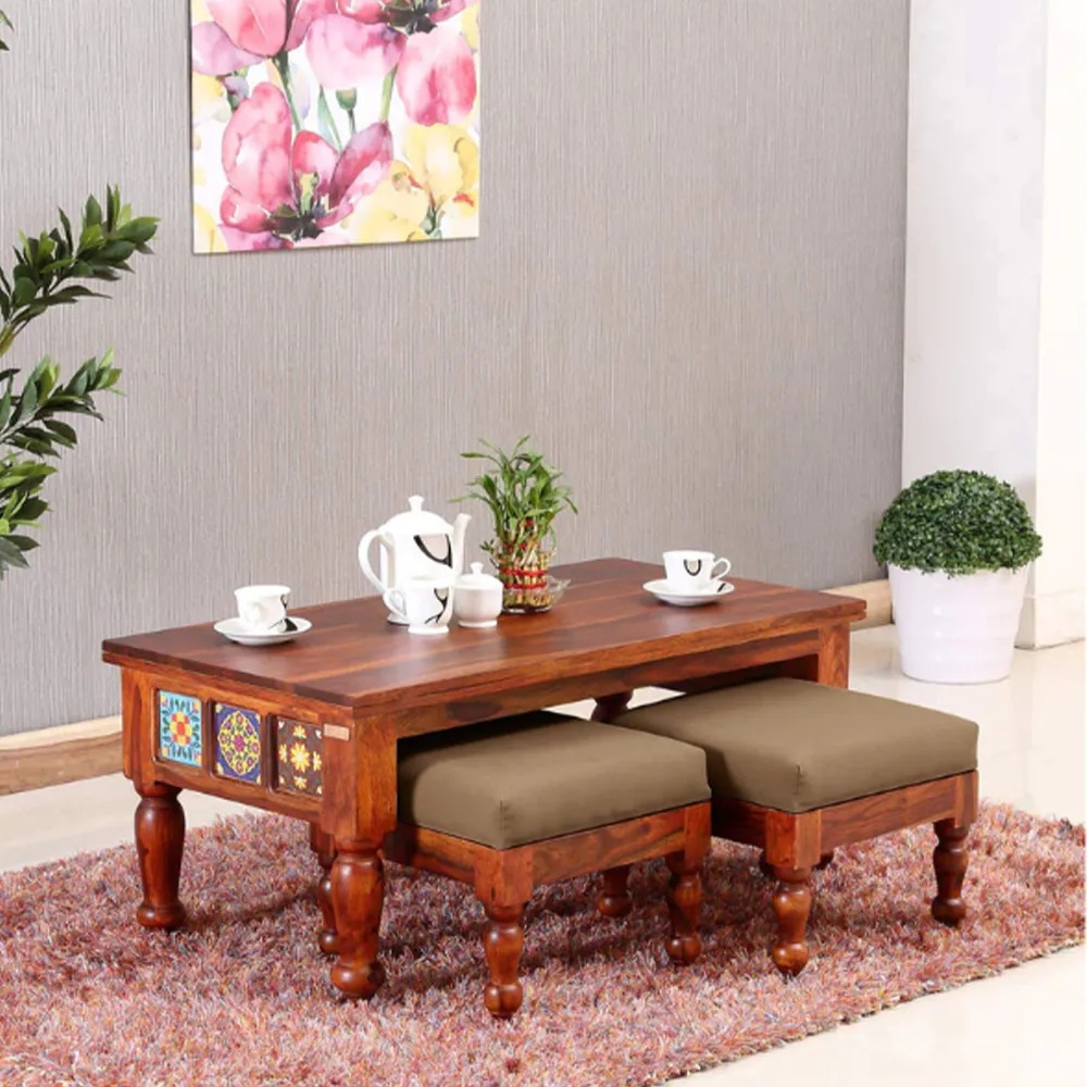 Traditional Blocked Handcrafted Aesthetic Coffee Tables With 2 Stools