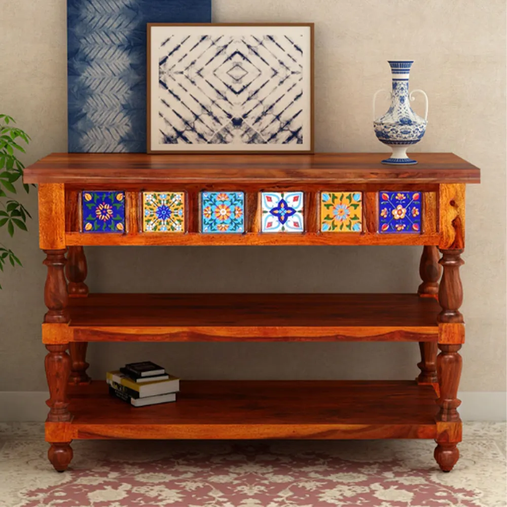 Traditional Blue & Yellow Handcrafted Block Sheesham Wood Console Table