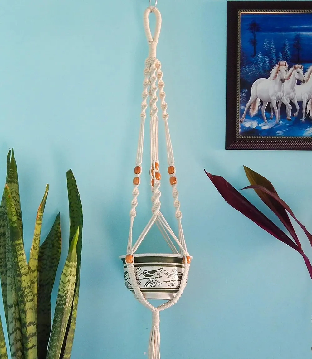 Traditional Boho Patterened Brown Beaded Plant Hanger Without Pot