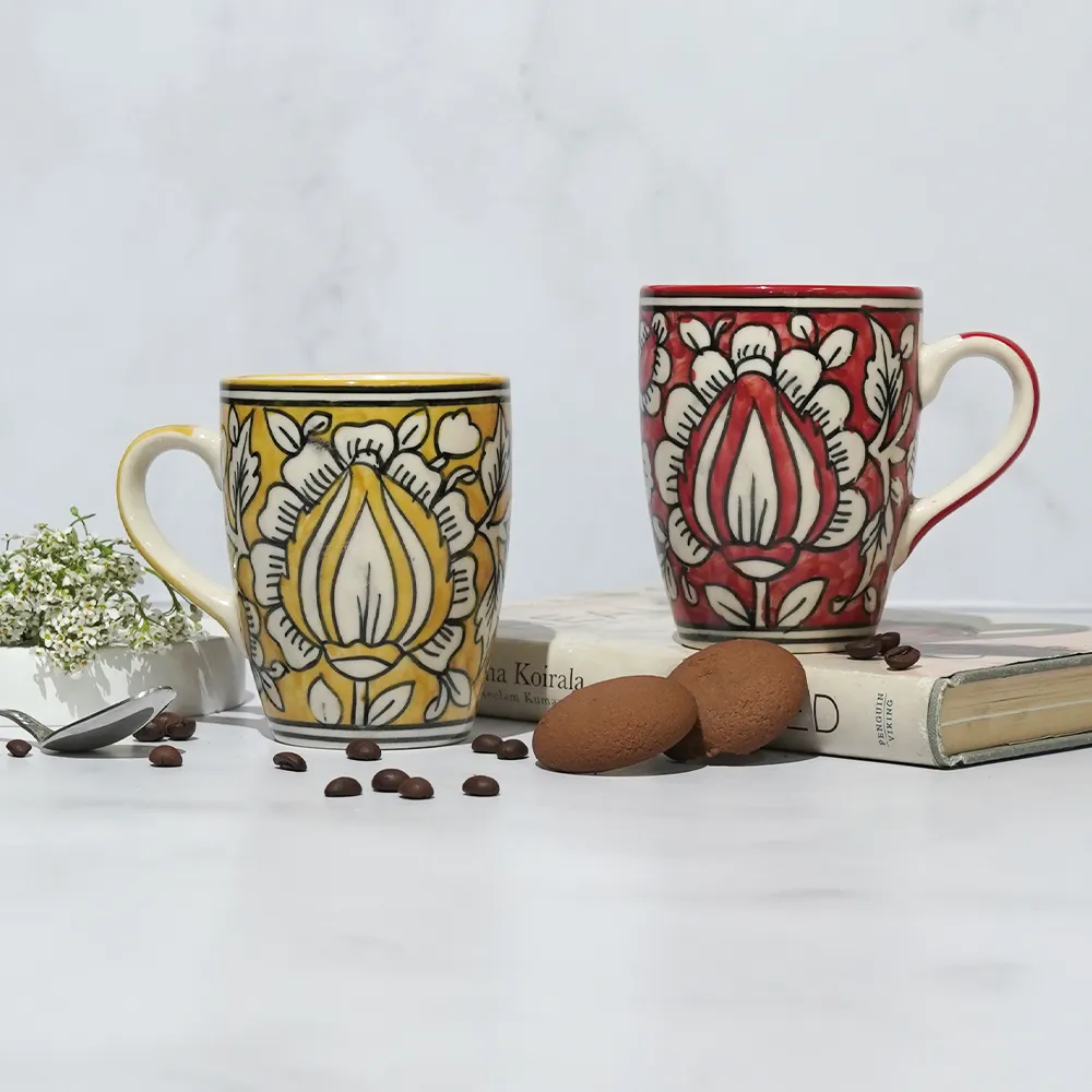 Traditional Floral Pattern Red &amp; Yellow Ceramic Mugs Set Of 2