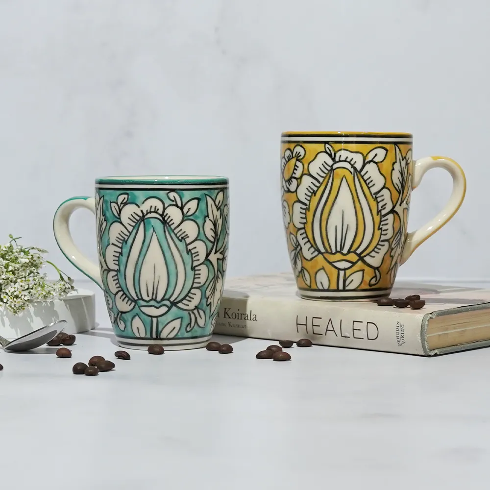 Traditional Floral Pattern Yellow &amp; Blue Ceramic Mugs Set Of 2