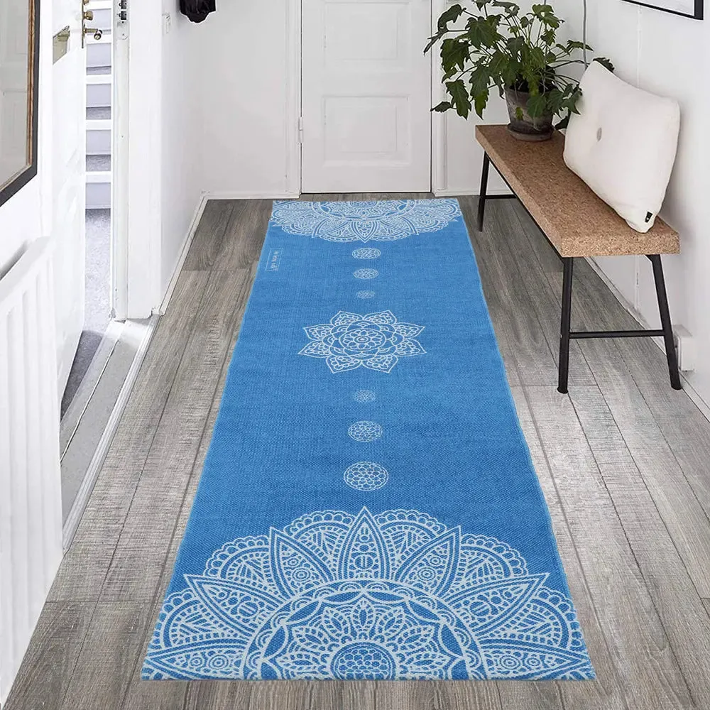 Traditional Motif Cotton Non-Slip Blue Exercise Mat / Yoga Mat- 2x6 ft