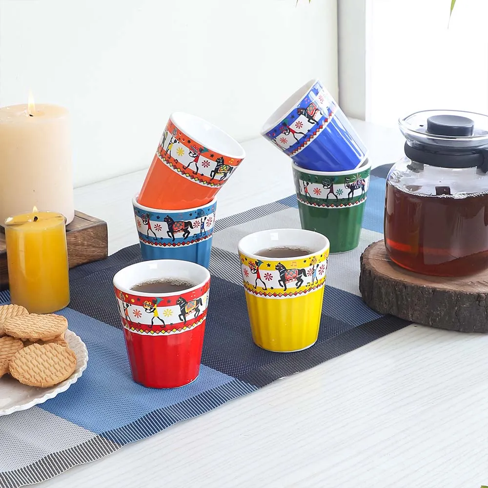 Traditional Motif Premium Ceramic Multi-colored Kulhad Cup Set of 6