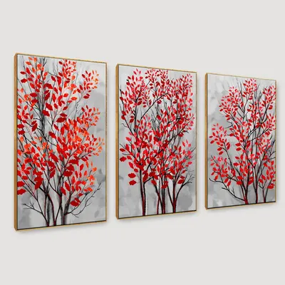 Tree Branch with Red Leaf 3 Pieces Modern Art Canvas Printed Painting