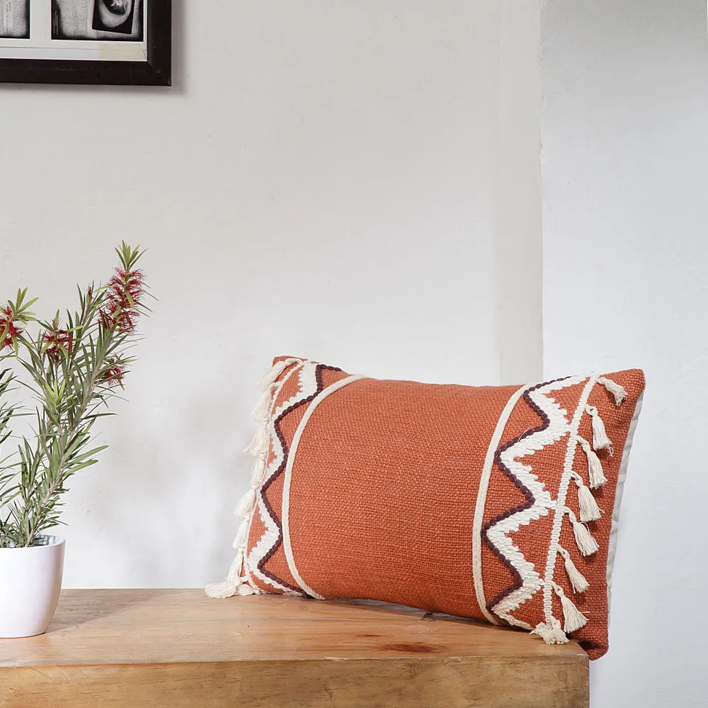 Tribal Tassel Rusty Orange Embroidered 100% Cotton Square Cushion Cover Pack of 1