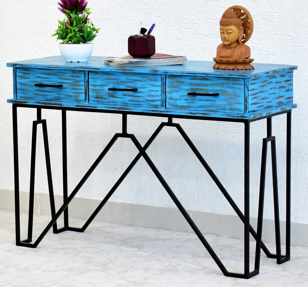 Triple Drawer Solid Wood Distressed Black &amp; White Console Table