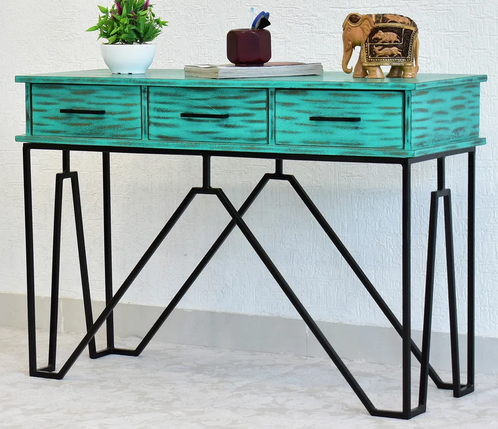 Triple Drawer Solid Wood Distressed Black &amp; White Console Table Green