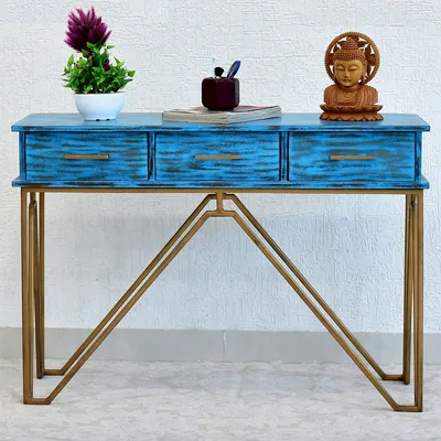 Triple Drawer Solid Wood Distressed Blue Console Table With Golden Iron Frame