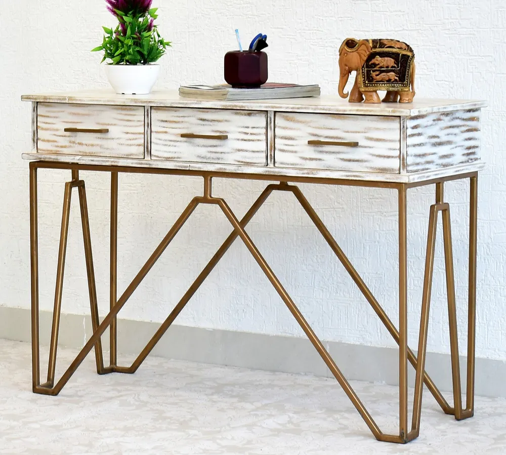 Triple Drawer Solid Wood Distressed Blue Console Table With Golden Iron Frame