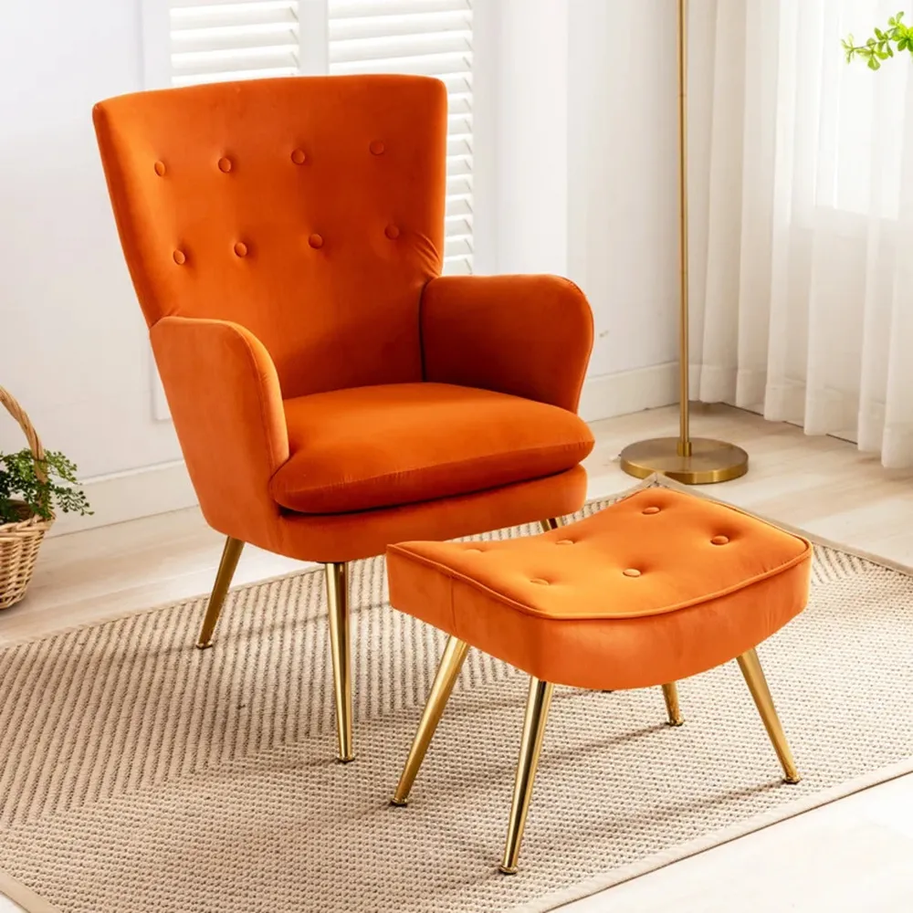 Tufted Long Back Orange Lounge Chair With Ottoman WallMantra