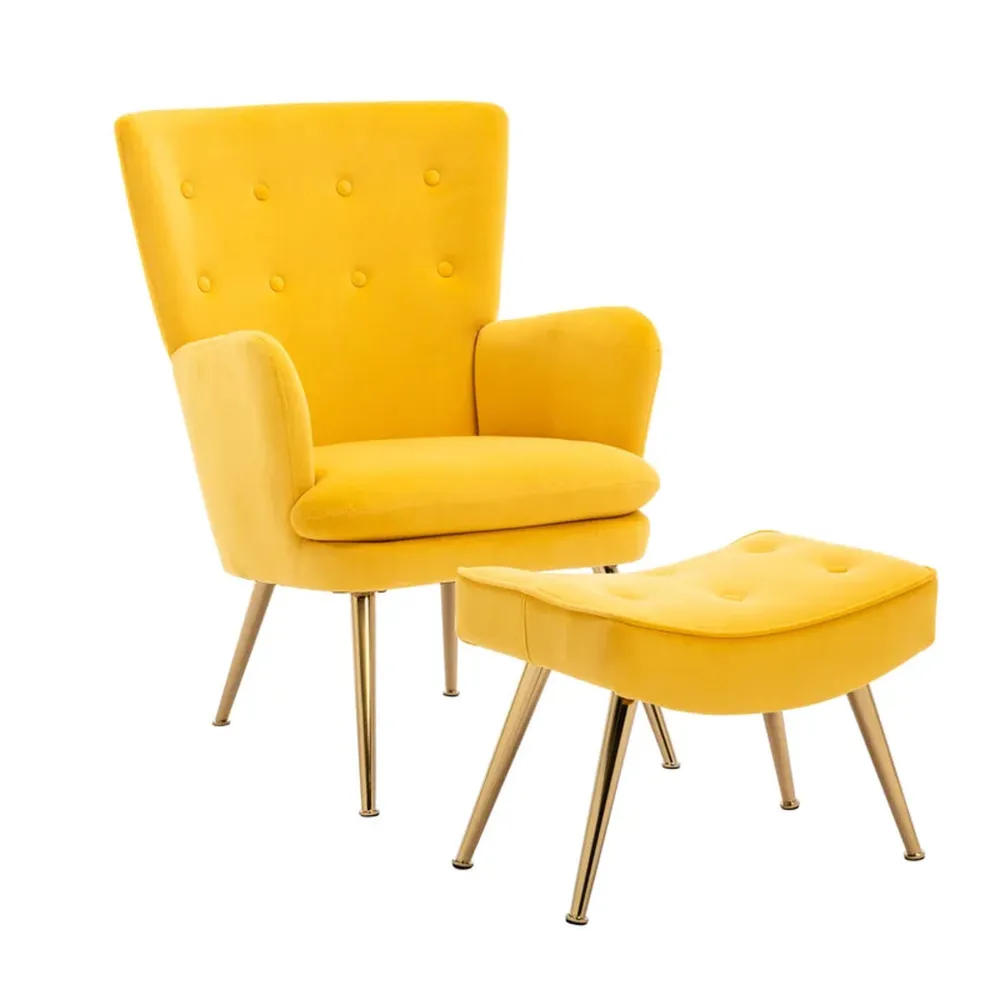 Tufted Long Back Yellow Lounge Chair With Ottoman WallMantra