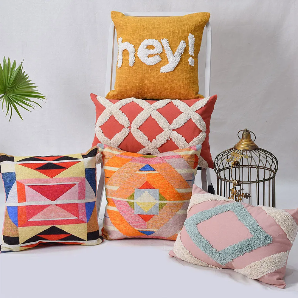 Tufted Rectangle and Digital Squared Multi-Hued 100% Cotton Cushion Covers Set Of 5