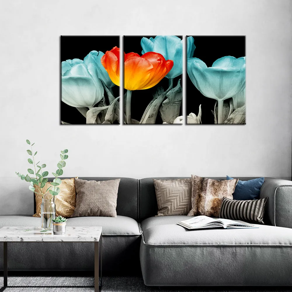 Tulip Flower Wall Art Canvas Painting In 3 Pieces Wooden Frame
